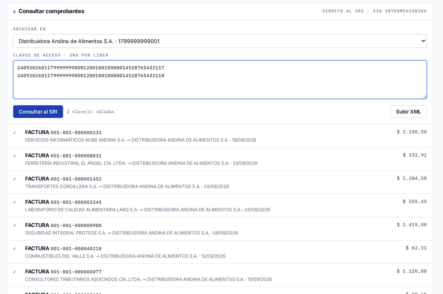 Consulta masiva de claves de acceso al SRI