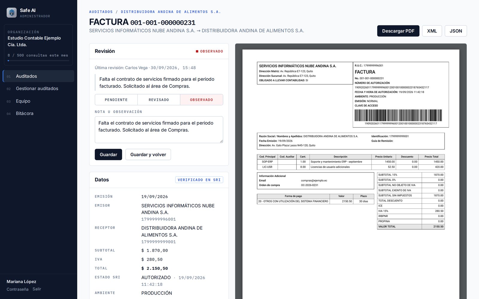 Comprobante verificado en el SRI con su revisión y su RIDE