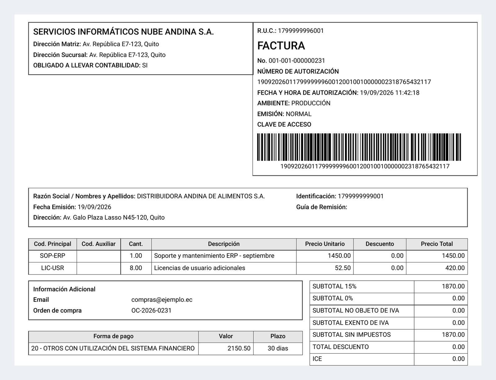 RIDE de una factura generado desde el XML autorizado